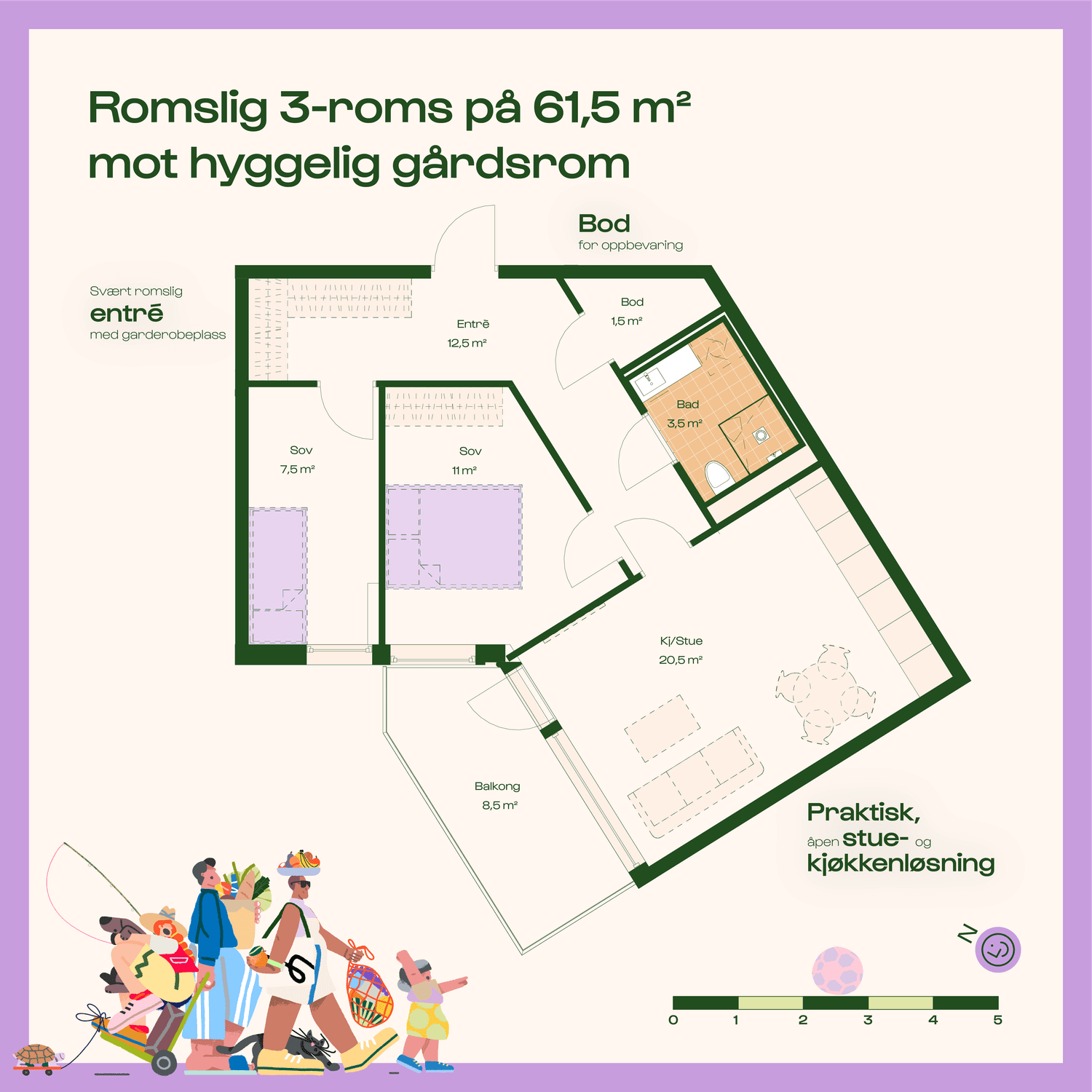 Spennende 3-roms med vestvent balkong